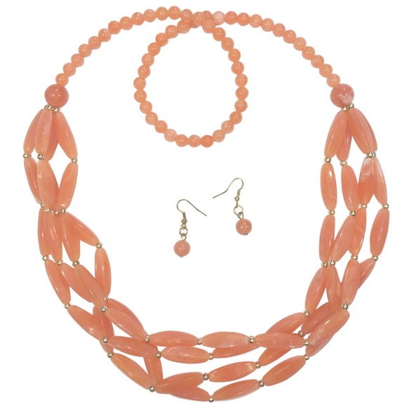 Light Orange Long Layered Necklace Earrings Set - Picture 1 of 3
